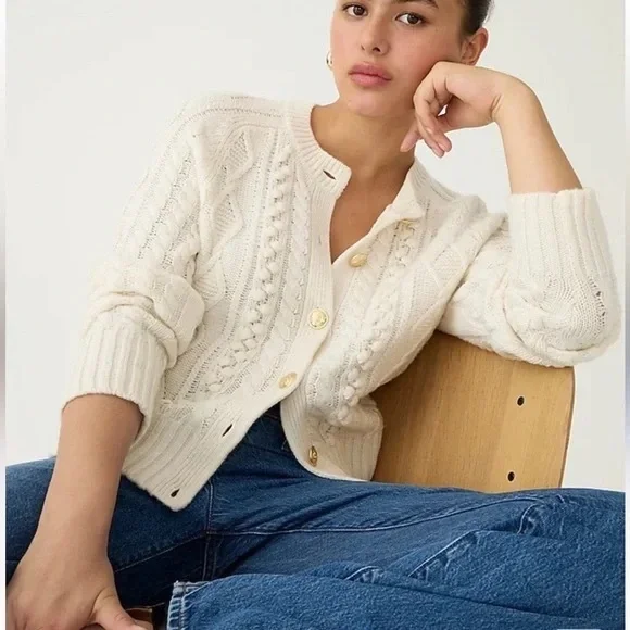 J.Crew Women’s Ivory Cable Knit Cardigan w Gold Buttons Size Small - Picture 2 of 7